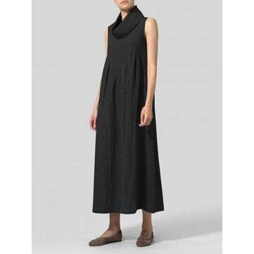 Damen Cotton Loose Solid Color Ärmelloses Rollkragen Kleid