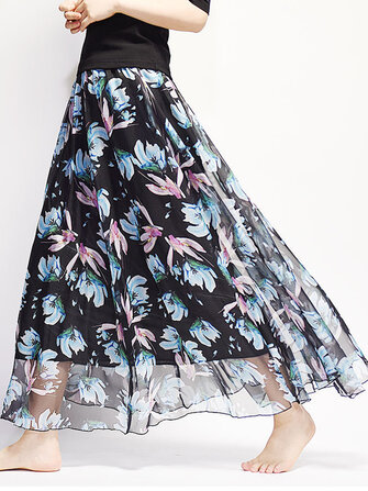 Saia maxi de cintura el&aacute;stica floral impresso chiffon