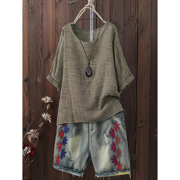 Plus حجم خمر جولة الرقبة 3/4 كم المرأة بلوزة