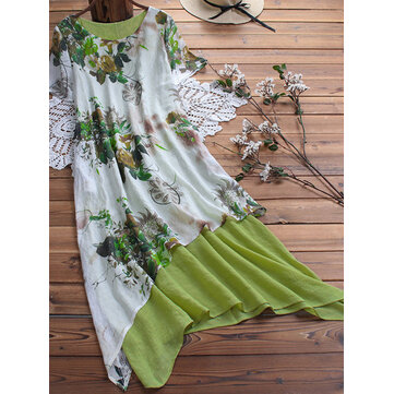 Women Round Neck Asymmetric Hem Floral Printed Maxi Dress