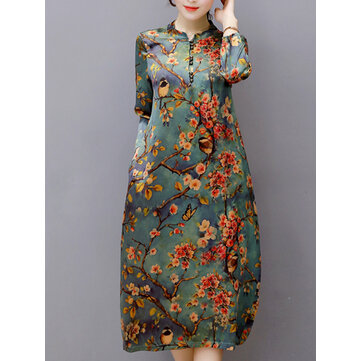 Vintage Mulheres Floral Printed Long Sleeve Stand Collar Vestido Midi