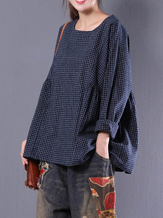 Women Vintage Long Sleeve Crewneck Plaid Loose Blouse