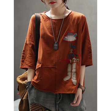 Dames casual cartoon borduurwerk half mouw T-shirts