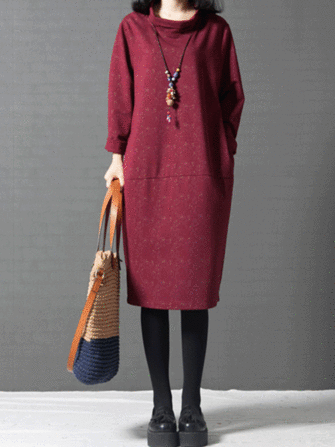 Vintage Damen Bedruckte Turtleneck Langarm Kleid mit Taschen