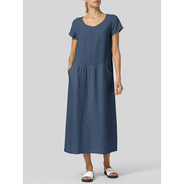 Retro Mujer Tripulación de color sólido de manga corta Cuello Vestido