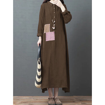 Frauen Langarm O-Ausschnitt Patch Casual Kleid