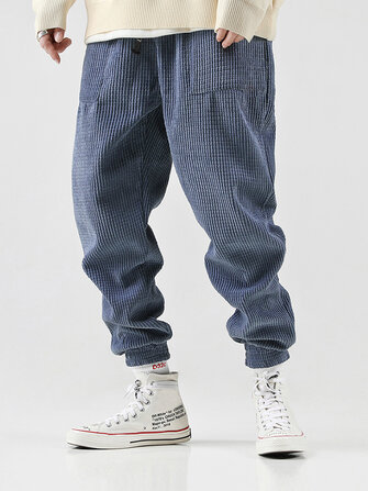 メンズコーデュロイヴィンテージジョガーピュアカラーエラスティックウエストパンツ