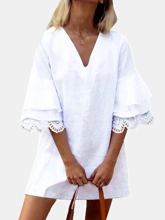 Solid Color Lace Ruffle Half Sleeve V-neck Casual Dress