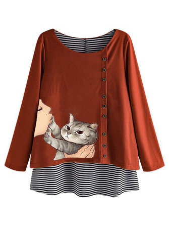 Desenhos animados gato listra patchwork o-pescoço manga longa blusa