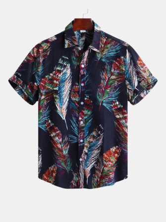 Men Colorful Feather Printign Summer Printed Hawaiian Shirts