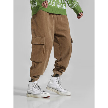 Mens Retro Corduroy Multi Pockets Thick Loose Fit Pants