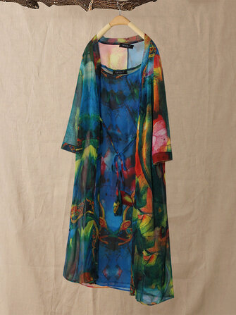 Kadın Çiçek İki Adet Set Sapanlar 3/4 Kollu Vintage Elbise