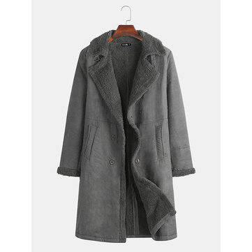Mid Long Faux Leather Lamb Wool Double Breasted Suede Jacket