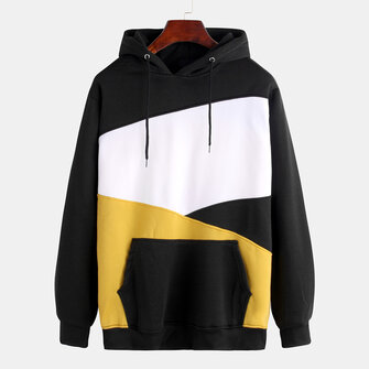 Mens patchwork cor inserção bolso casual manga longa com capuz