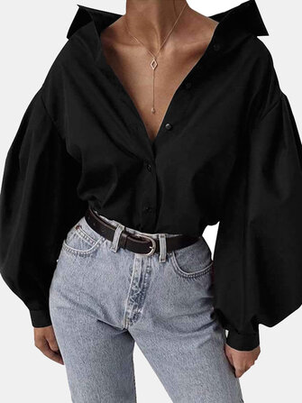Chique lantaarn mouw effen kleur causale blouse shirts