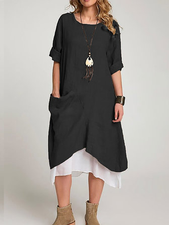 Robe mi-longue en coton à manches longues pour femmes avec col rond