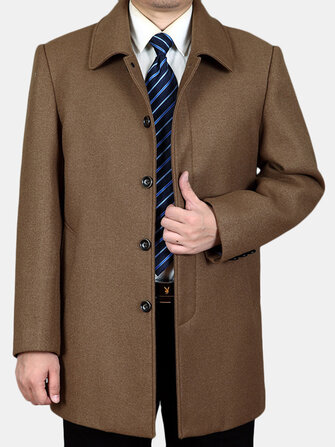 Men Mid-long Business Trench Solid Color Casual Woolen Coat