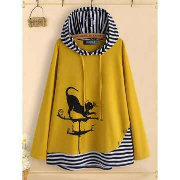 Karikatür Kedi Çizgili Patchwork Uzun Kollu Kapşonlu
