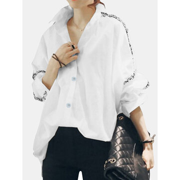 Causal Loose Patchwork Long Sleeve Solid Blouse