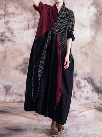Long Sleeve V-neck Loose Plaid Patchwork Maxi Dress