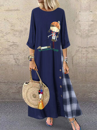 Damska sukienka w kratkę z kreskówkami w kratę z wysokim stanem