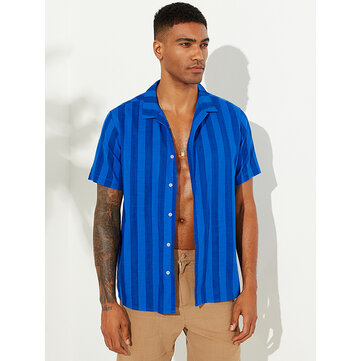 Men Cotton Thick Stripe Button Down Short Sleeve Shirts