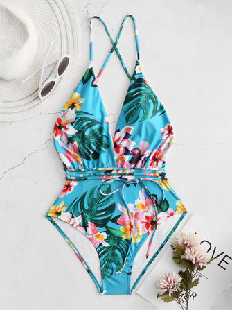 Flora Baskılı Derin Açık Yaka Strappy Backless Mayo