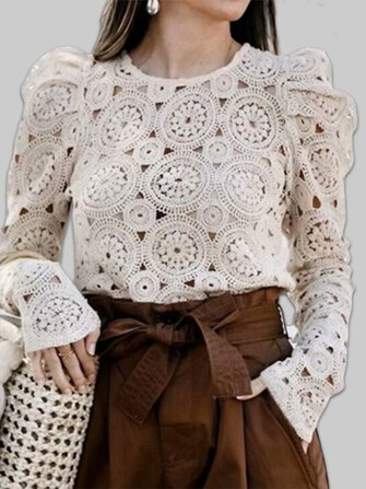 Chic Lace Hollow Out Long Sleeve O-neck Causal Blouse