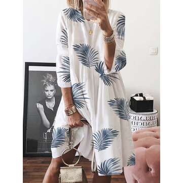 المرأة عارضة فضفاض أوراق مطبوعة جولة الرقبة فستان طويل الأكمام