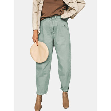 Solid Color Loose Button Full-Length Causal Pants