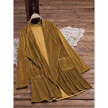 Pure Color Turn-down Collar Long Sleeve Velvet Trench Coats