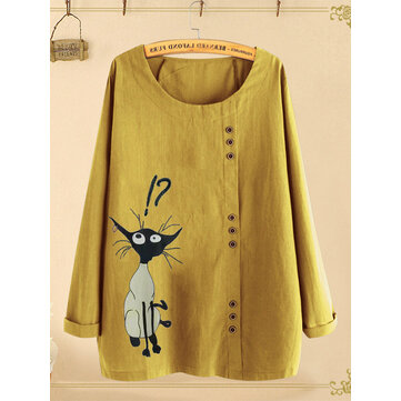 Cat Cartoon Print Crew Boyun Uzun Kollu Gömlekler