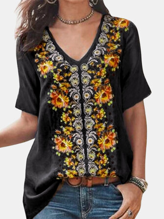 Boheemse vintage bloemenprint met V-hals en korte mouwen