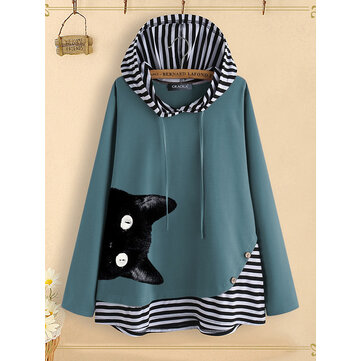 Cartoon Katze Druckstreifen-Patchwork Kapuzenpullover