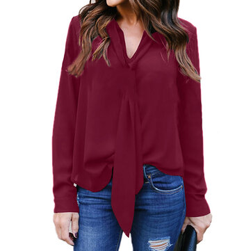 Chiffon Long Sleeve V Neck Loose Solid Causal Blouse