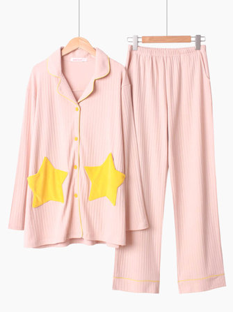 Mulheres algodão estrela patchwork manga comprida textura conjunto de pijama