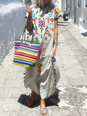 プリントルーズヴィンテージタッセル側分割花柄マキシドレス