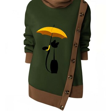 Cartoon Print Asymmetical Button Patchwork Sweatshirt