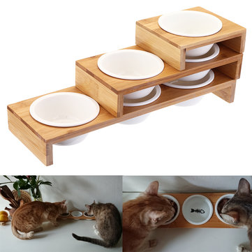 Elevated Dog Cat Bamboo Pet Feeder Ceramic Bowl Raised Stand 3