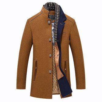 Cappotto in Lana Elegante Slim Fit con Colletto Coreana Sciarpa Staccabile