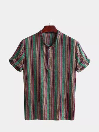 Camicie a maniche corte a maniche corte in stile etnico vintage a righe da uomo