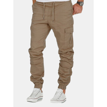 متعددة جيب مرونة الخصر الصلبة سروال اللون