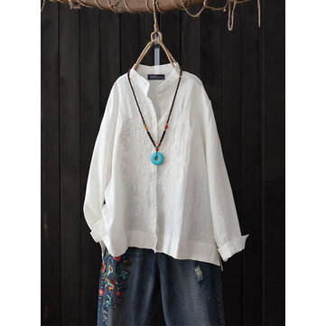 Mulheres do vintage bot&atilde;o bordado casual blusa de manga longa