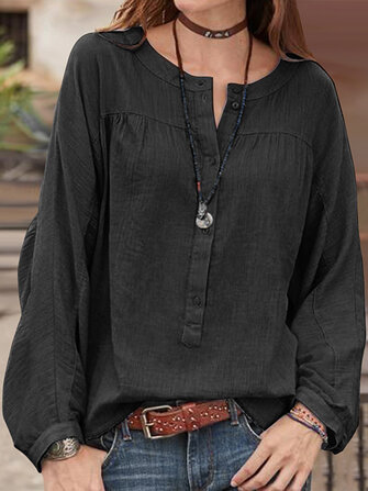 Women Solid Baggy Cotton Autumn Long Sleeve Blouse
