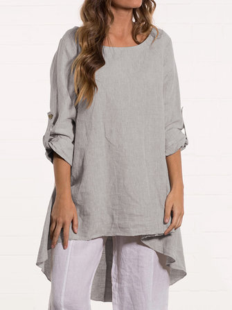 Women Crew Neck Loose Causal Solid Blouse