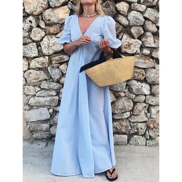Vacaciones con cuello en V Playa Sundress A-Line Maxi plisado Vestido