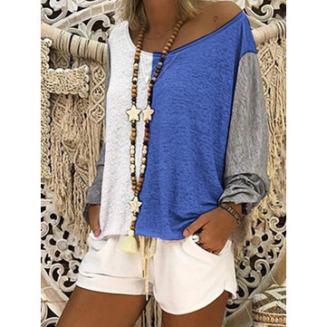 Women Casual Baggy Color Patchwork Blouse Shirt