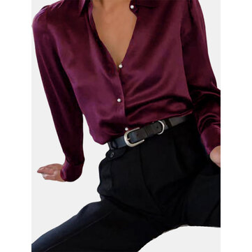 Satin Pearl Button Long Sleeves Solid Color Shirts
