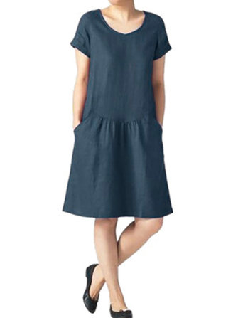 Retro Mulheres Pure Color Short Sleeve Mid Vestido Longo com Bolsos