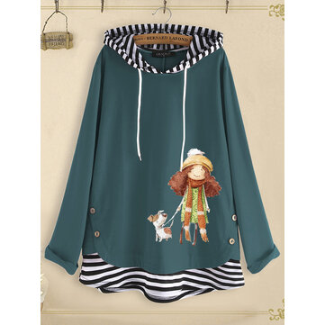 Yan Düğme Karikatür Baskı Şerit Patchwork Kapşonlu